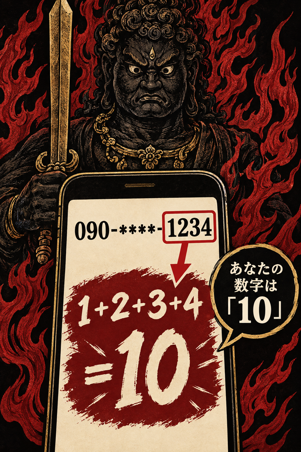 携帯番号下4桁の合計から占い数字を導く手順。090で始まる携帯番号の下4桁1234を赤枠で指し、1+2+3+4=10という計算式、最終結果『10番』と表示される流れを示す図