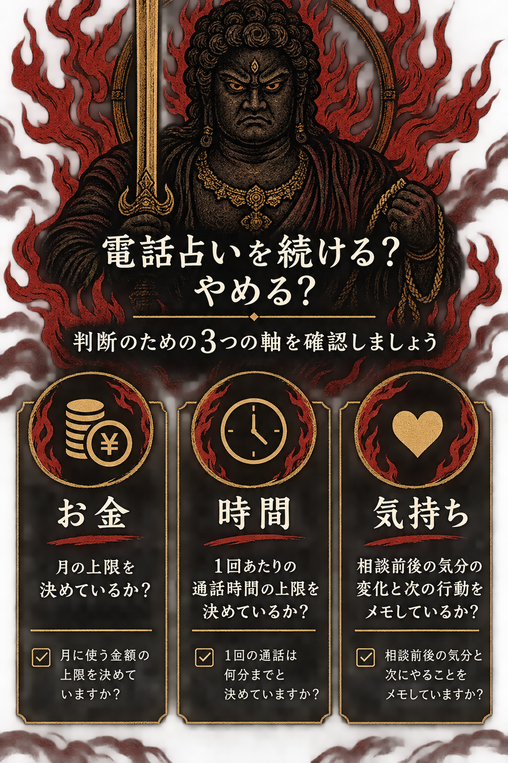お金・時間・気持ちの3つの軸で電話占い利用を振り返るセルフチェック図。各軸にアイコンと確認項目を簡潔に記載。読者が利用の継続・終了を判断するための実用的なチェックリスト。
