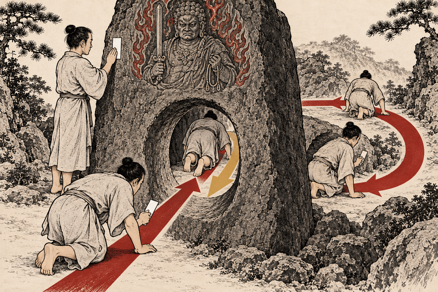形代を持ち、碑の穴を表から裏へくぐり、続けて裏から表へ戻り、最後に形代を貼る手順を示す模式図。