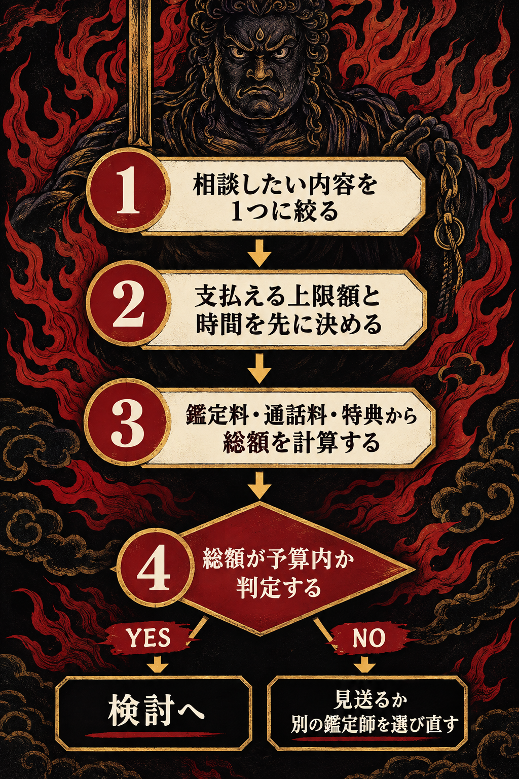電話占い申し込み判断フロー。相談内容決定→予算設定→料金計算→判定の4ステップを上から下へ矢印で示す図