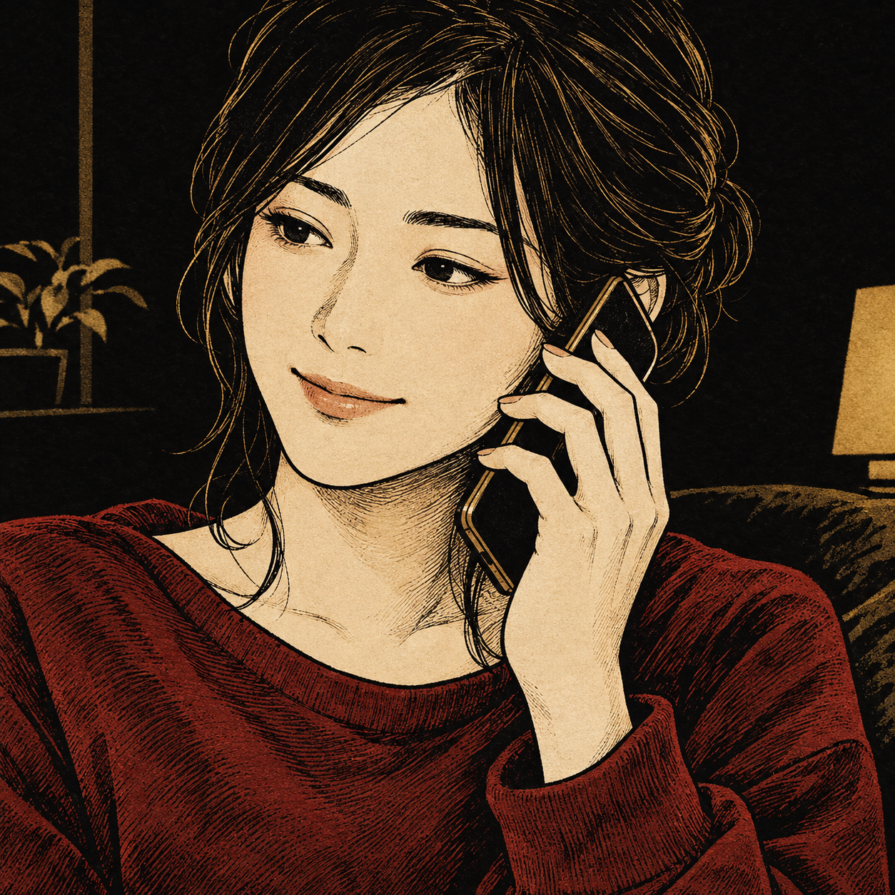 自分の部屋でリラックスしながらスマホで相談し、安心した表情を見せる女性