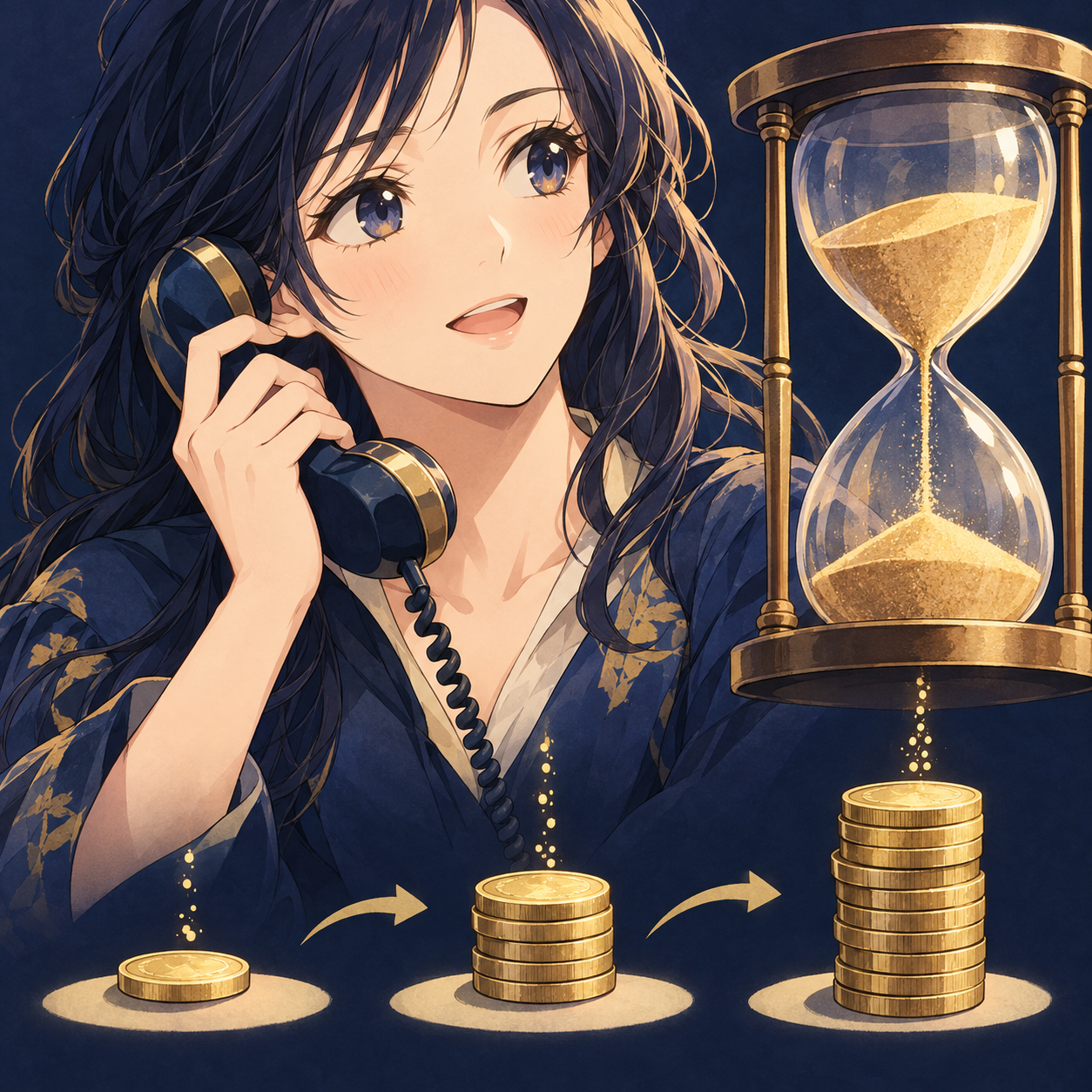 電話で相談している女性の横で砂時計の砂が落ち、それに合わせてコインが積み上がる様子。通話時間に応じて料金がかかる仕組みを表したイラスト