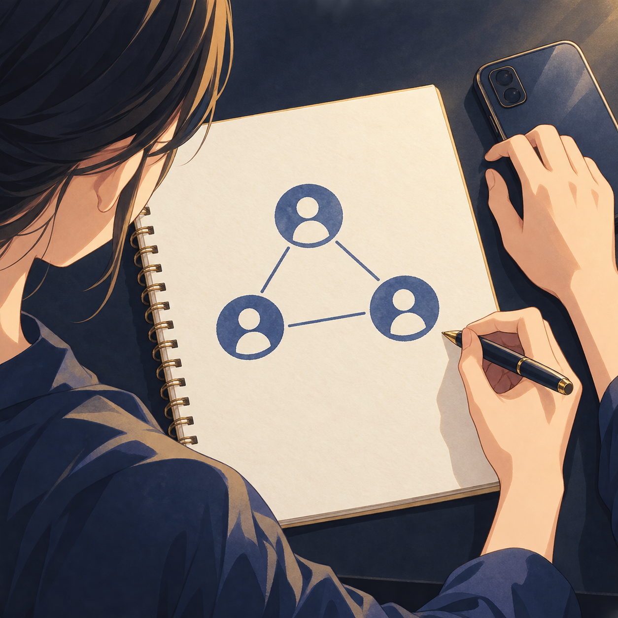 電話をかける前に、ノートへ人物アイコンと線で関係を書き出して相談内容を整理している女性のイラスト