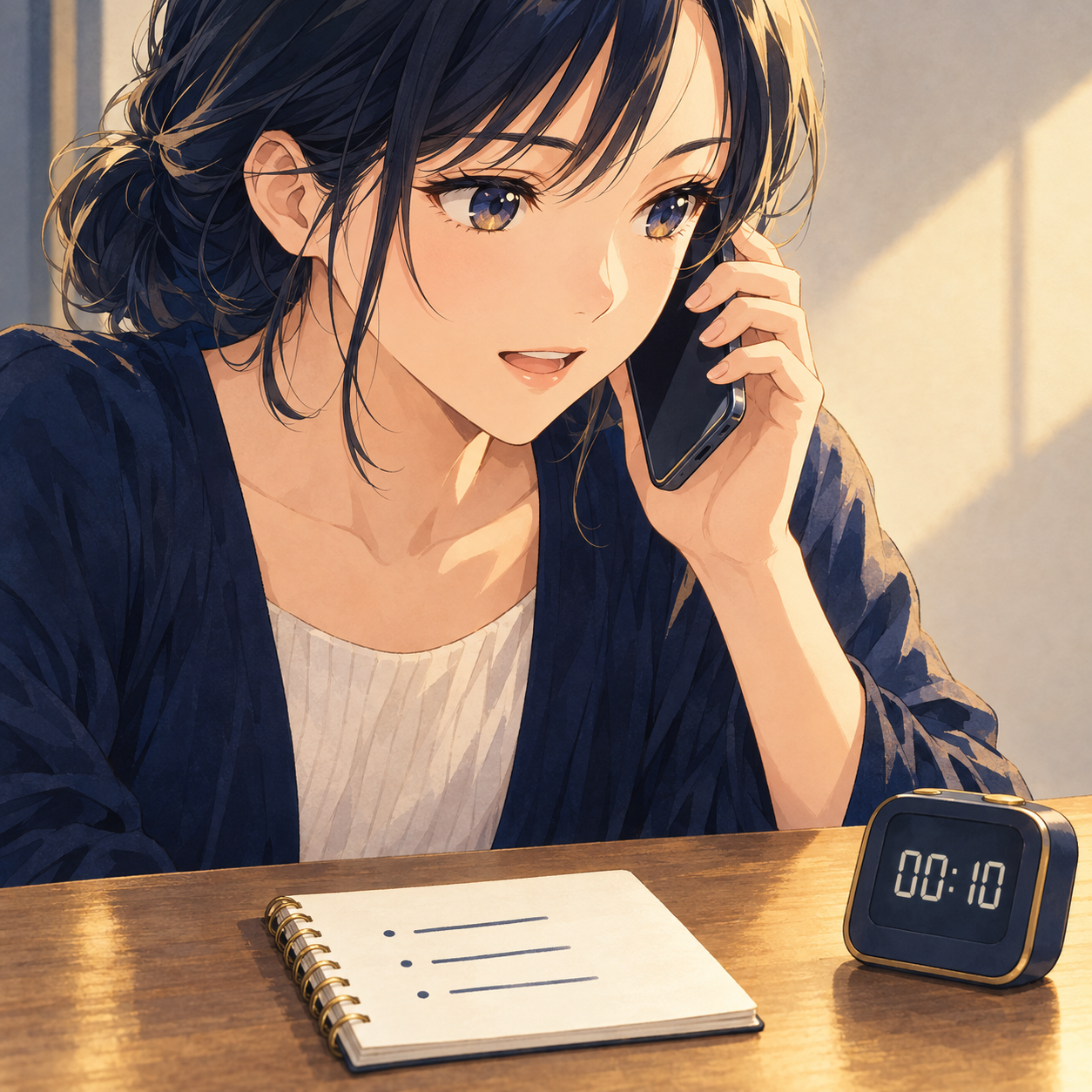 テーブルに開いたメモと時計を置き、スマートフォンで電話相談をしている女性。聞きたいことを3つに絞って短時間で話す進め方のイメージ