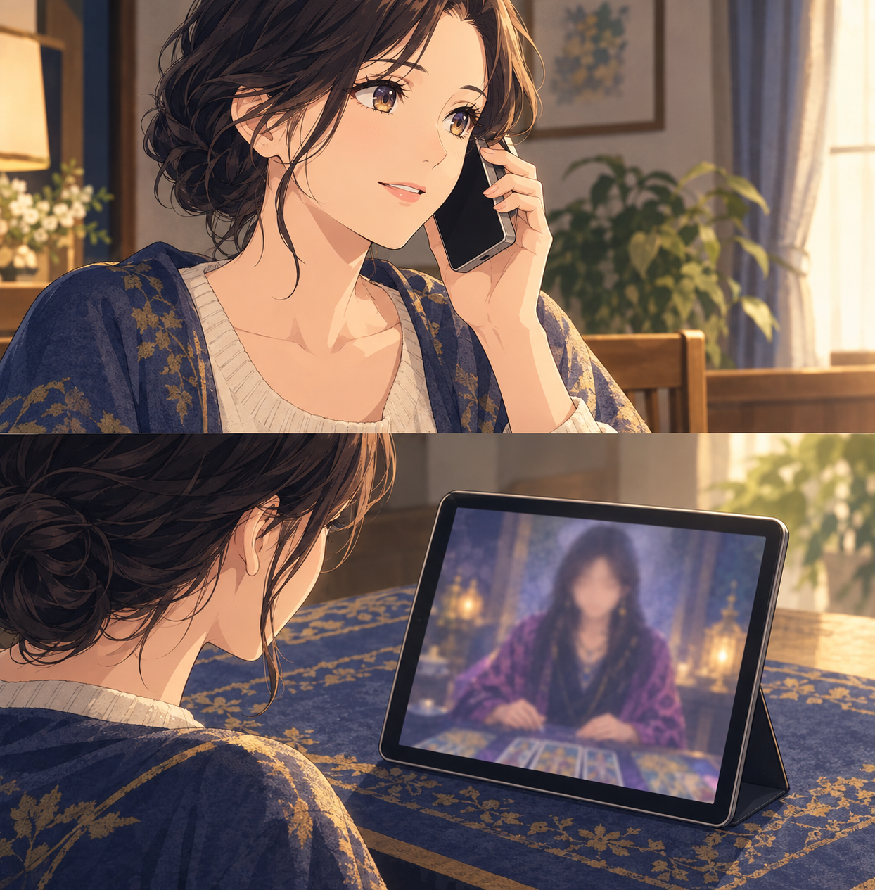 スマートフォンを耳に当てて話す電話鑑定と、タブレット画面越しに占い師と向き合う映像鑑定の違いを示すイラスト