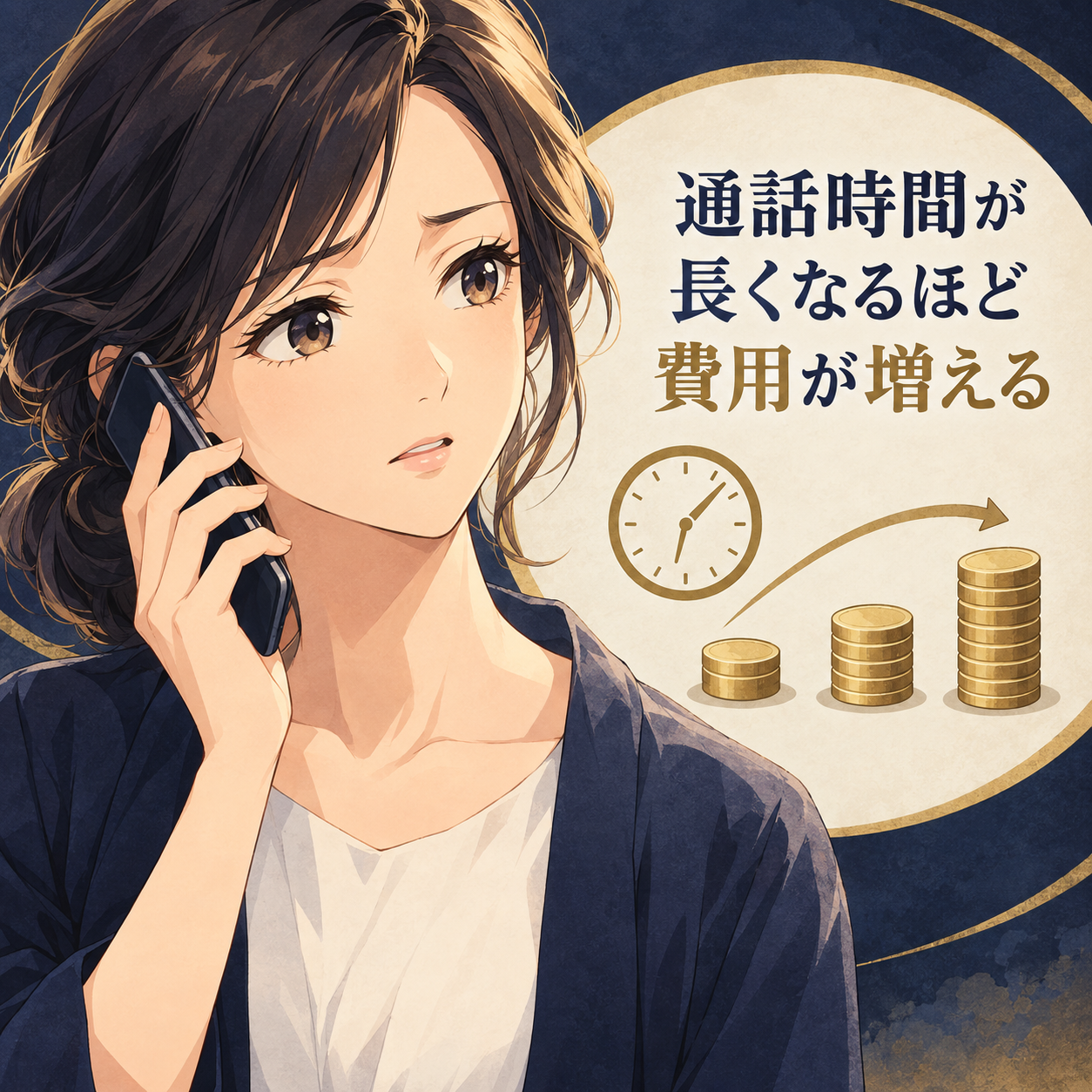 スマートフォンで相談する女性の横で、時計の針が進むにつれて硬貨が積み上がり、電話占いの料金が通話時間に応じて増えることを示す図