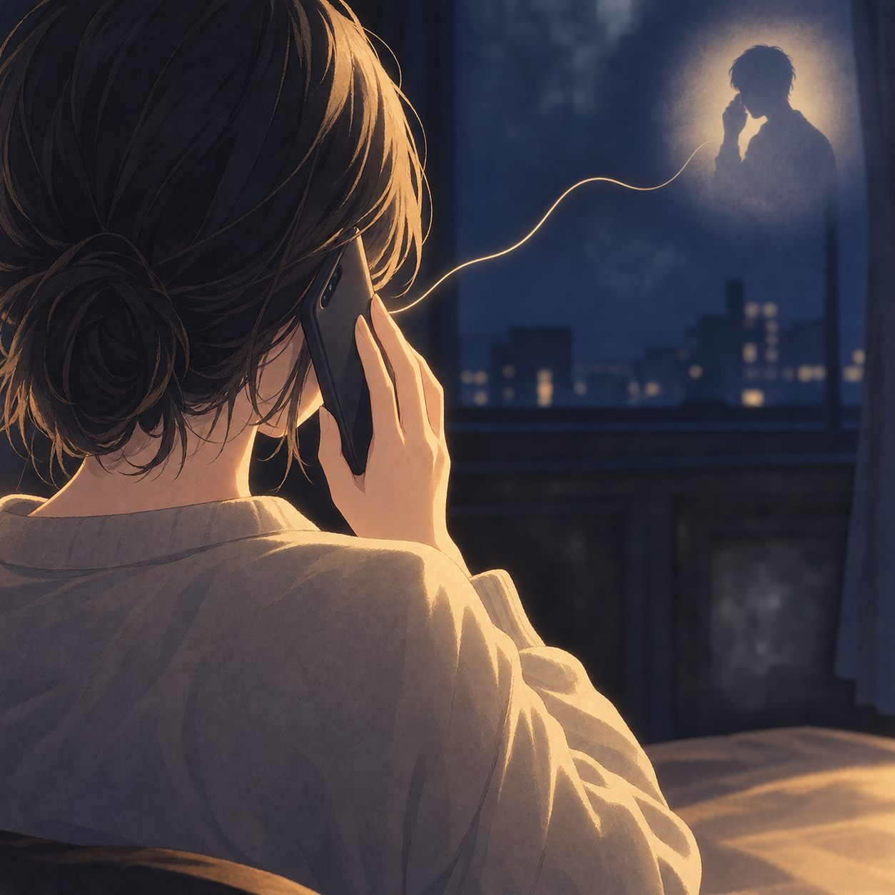 自室で後ろ姿のまま電話をかける人物。顔は見えず、声だけが細い線で遠くの相談相手へ届いている様子