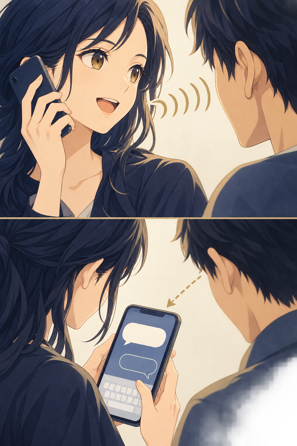 電話では近くの人に話し声が聞こえる可能性があり、チャットでは肩越しに画面を見られる可能性があることを示す比較図。