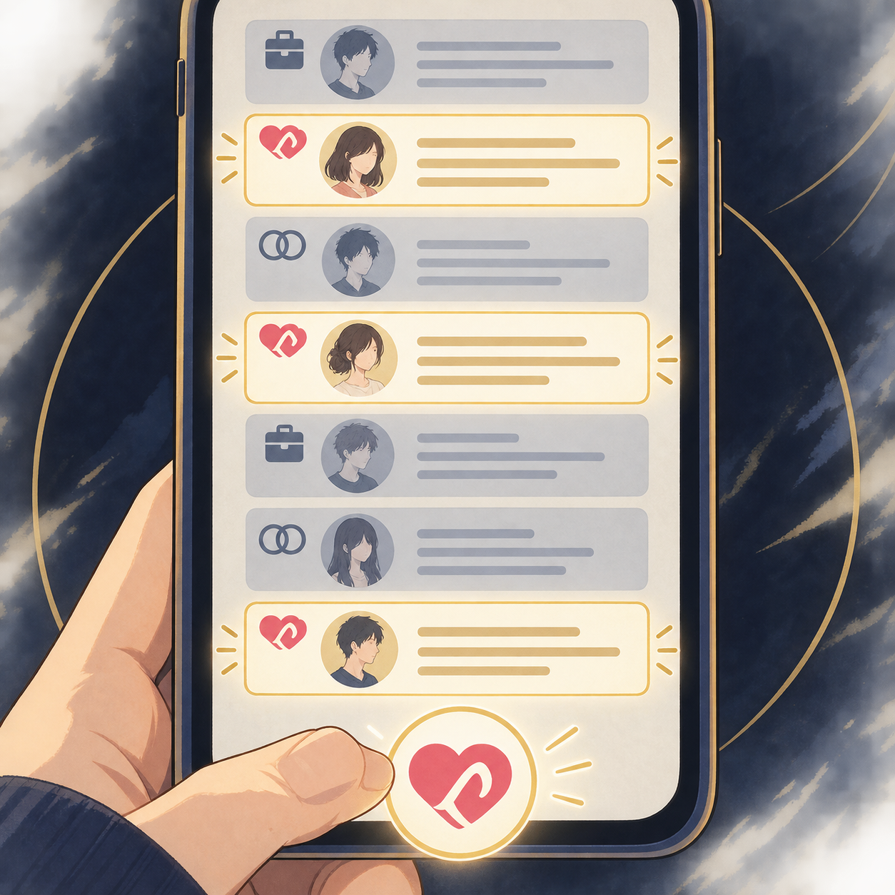 スマホ画面に並ぶ多数の口コミのうち、自分の相談内容と同じ印がついた口コミだけが明るく強調されている図